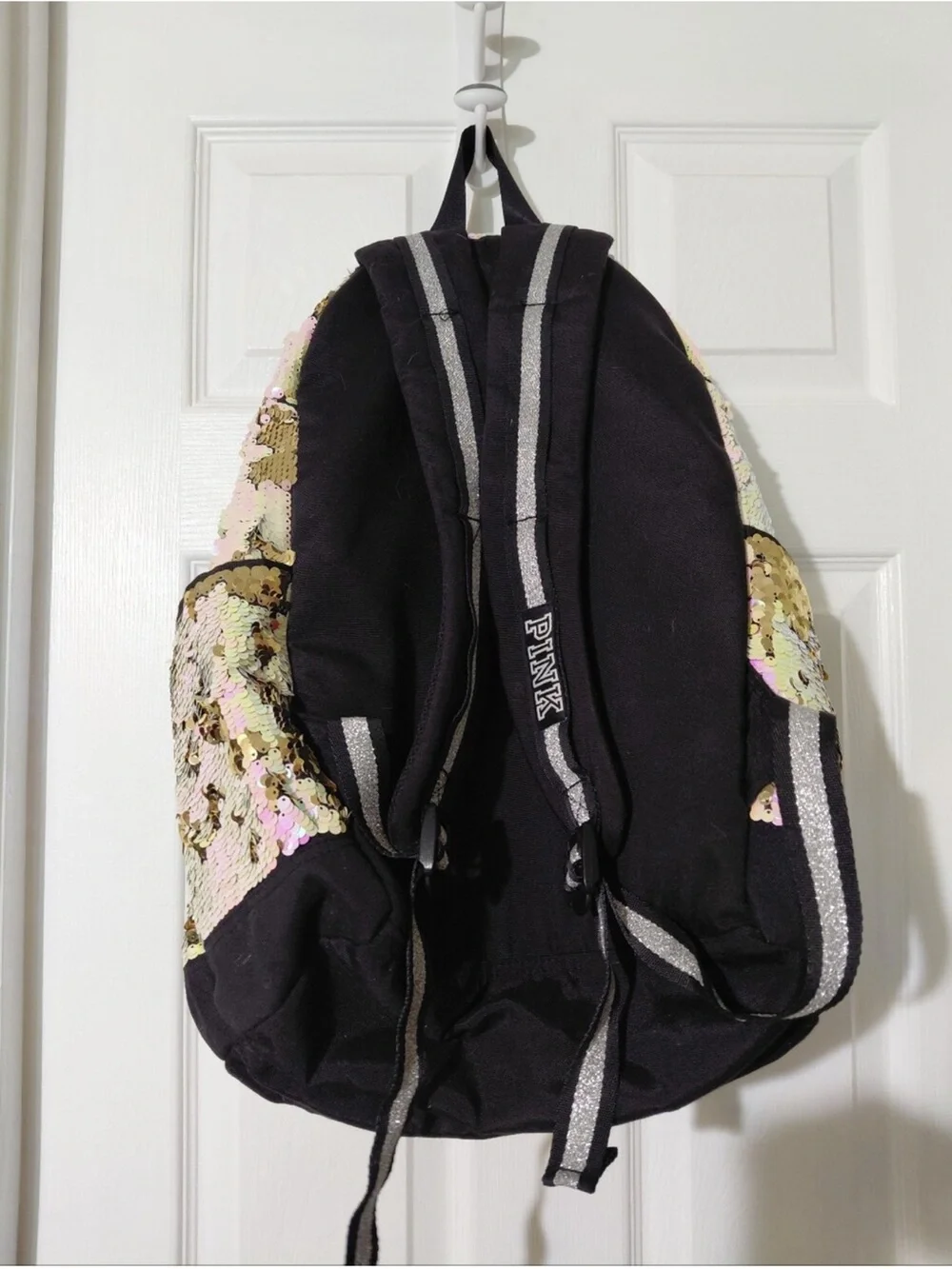 PINK Victoria's Secret Iridescent Sequin Backpack with Black Trim